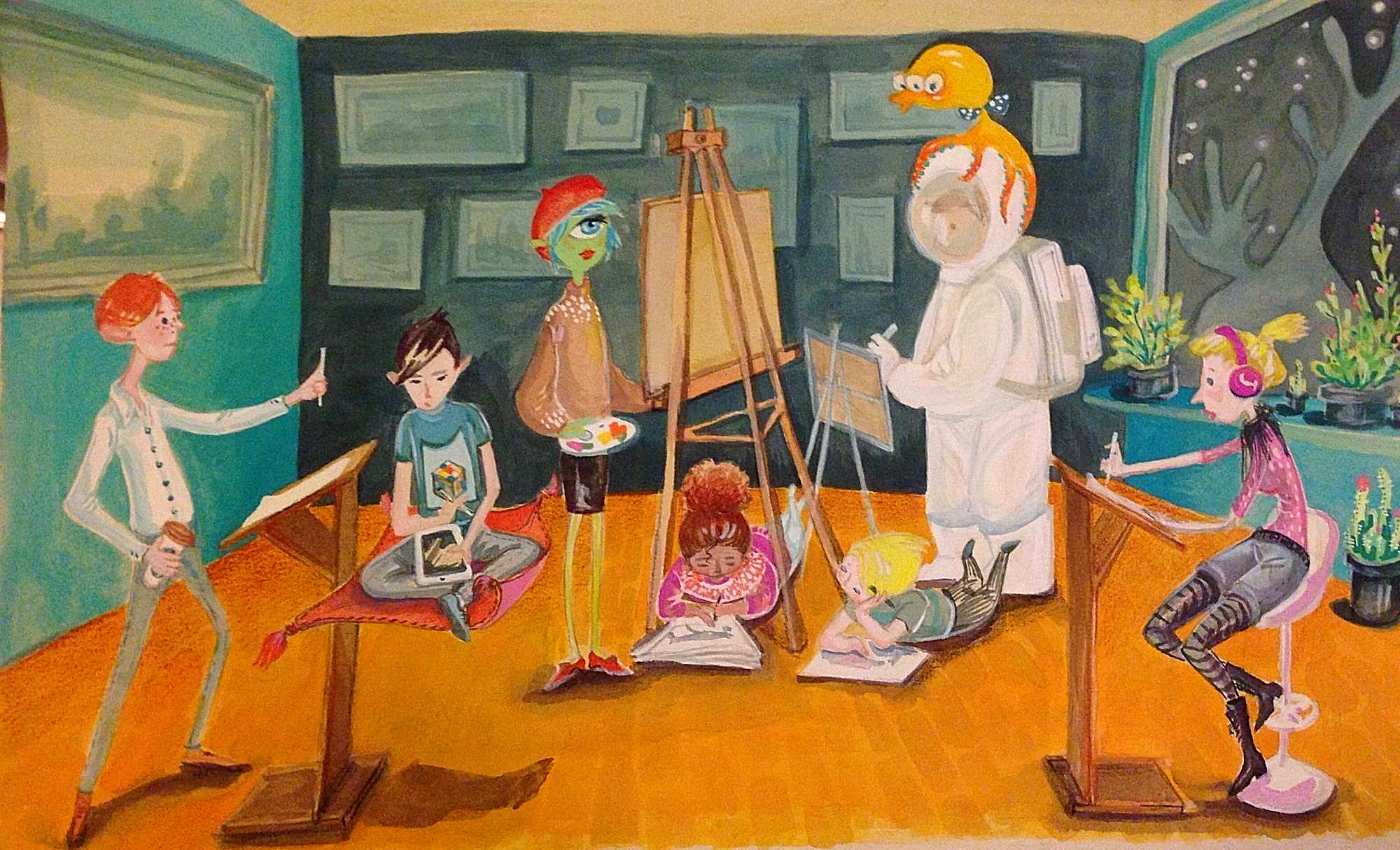 An illustrated scene of the 7 Tones studio